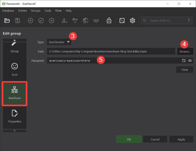 KeepassXC Keeshare Settings for Root Group