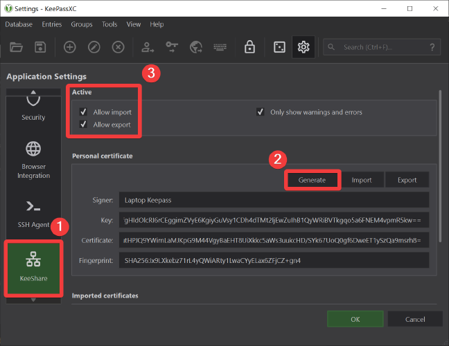 KeepassXC Keeshare Settings